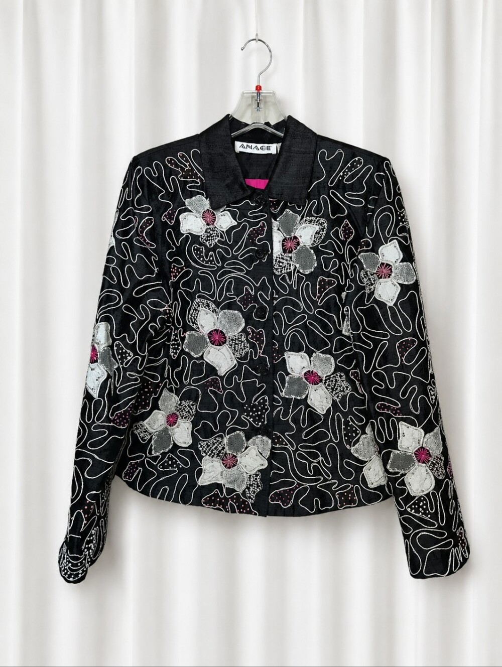 Anage Vintage Black Silk Beaded Embroidered Floral Cropped Statement Jacket
